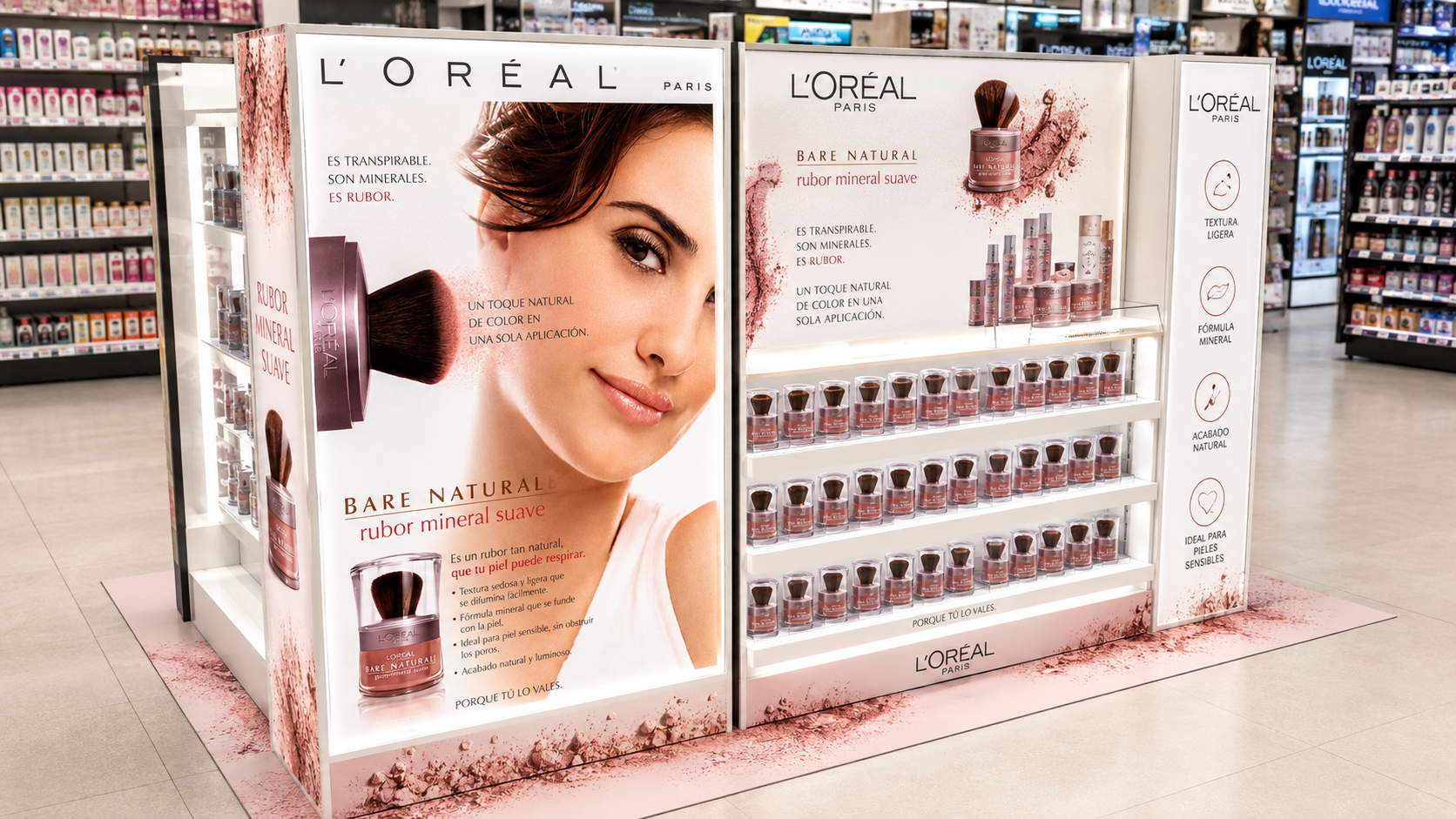 Isla de punto de venta "Bare Natural" de L’Oréal Paris con productos de rubor mineral