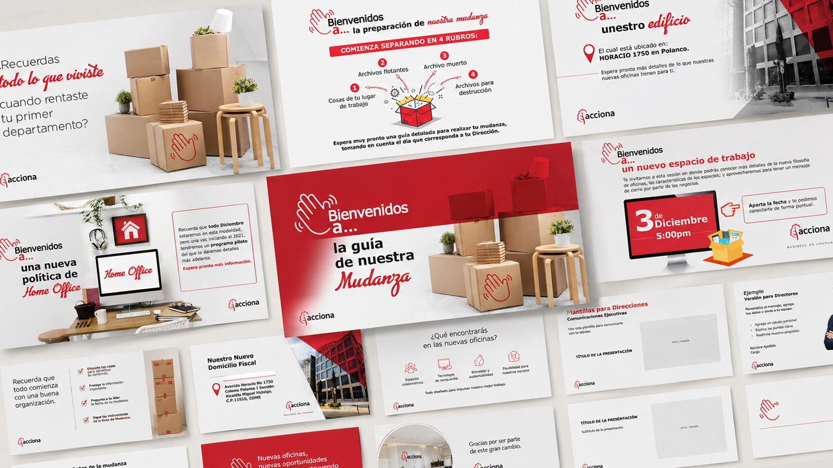 Conjunto de láminas de la guía de mudanza de ACCIONA con infografías, cajas y calendario