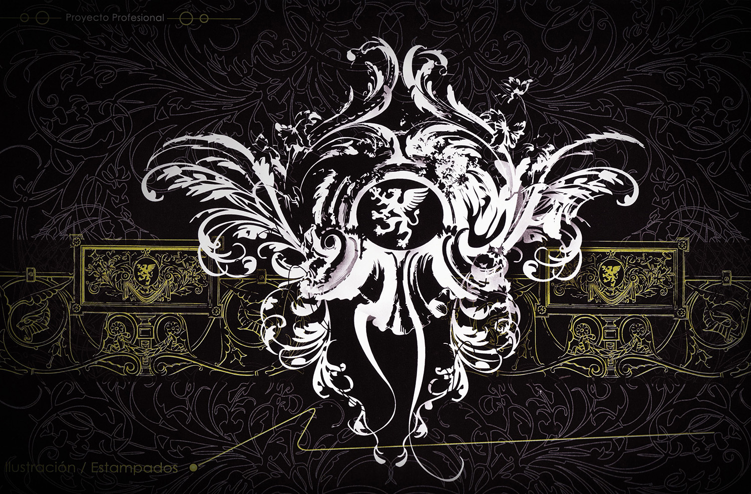 Gráfico ornamental barroco blanco con un león al centro, sobre fondo negro con ornamentos dorados