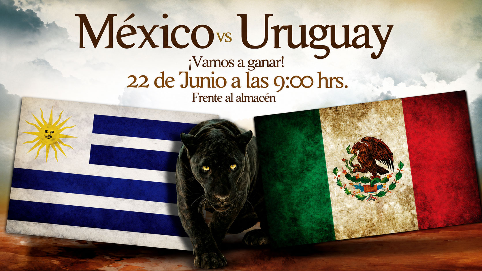 Gráfico de invitación al partido México vs Uruguay, con una pantera negra y las banderas de México y Uruguay