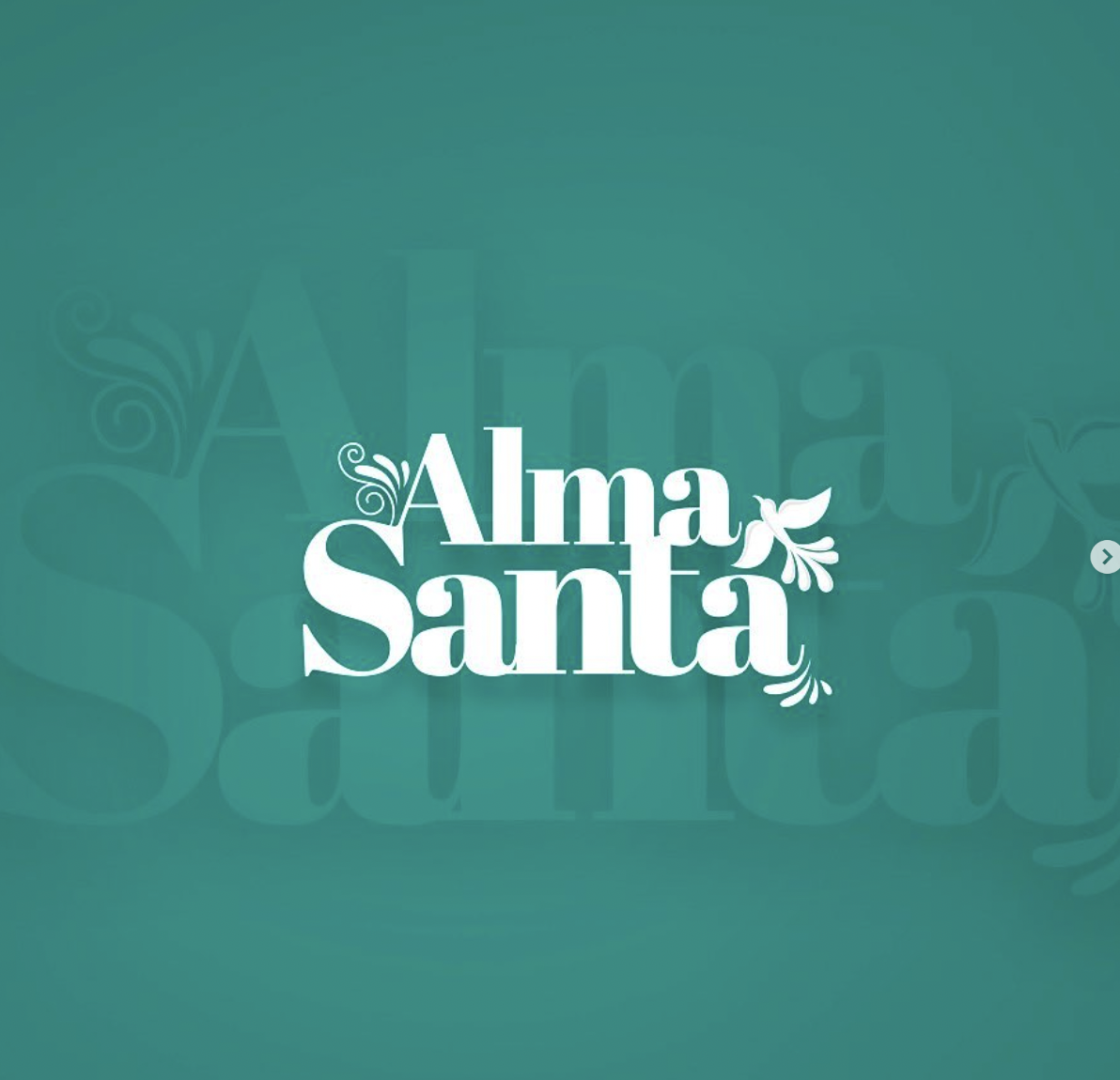 Logo de Alma Santa en blanco sobre fondo verde azulado