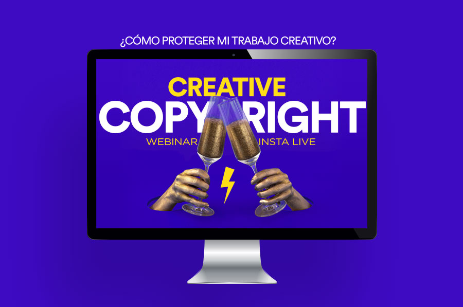 Diapositiva morada de un webinar «¿Cómo proteger mi trabajo creativo? Creative Copyright» con dos manos doradas brindando con copas, mostrada en un monitor