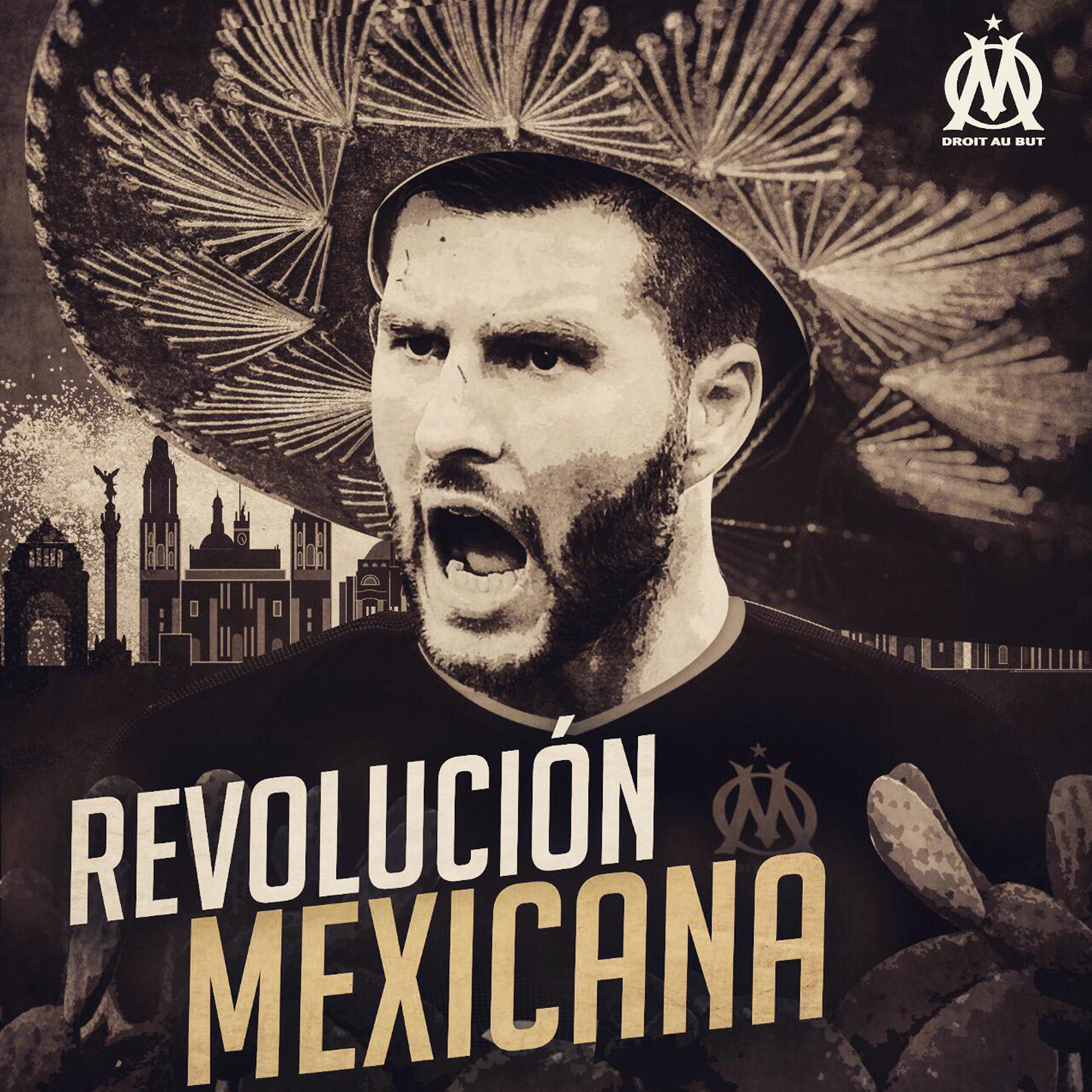 Arte en sepia con un jugador con sombrero frente a monumentos de la Ciudad de México y el mensaje "Revolución Mexicana"