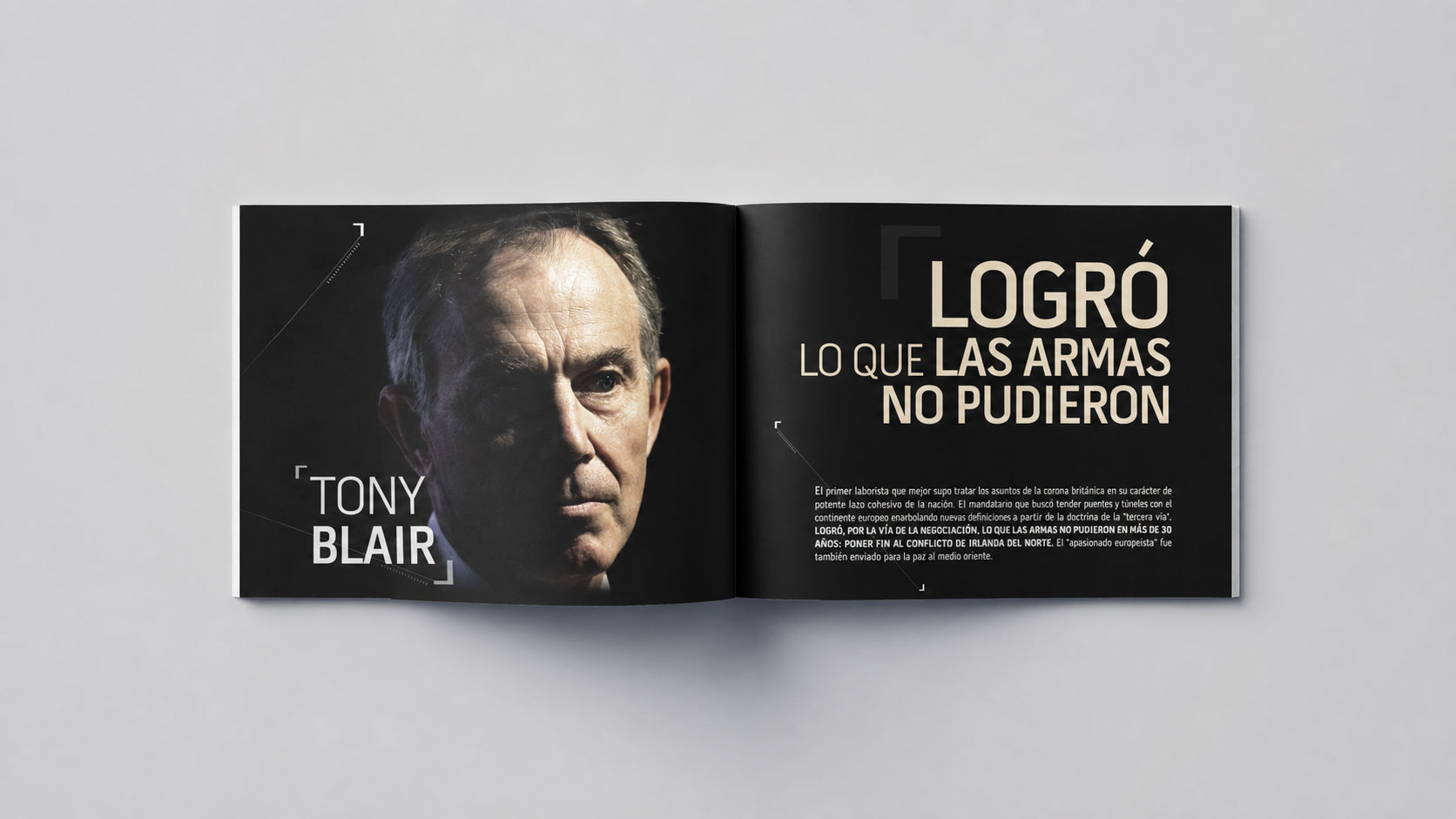 Brochure abierto con el retrato de Tony Blair y el titular "Logró lo que las armas no pudieron"