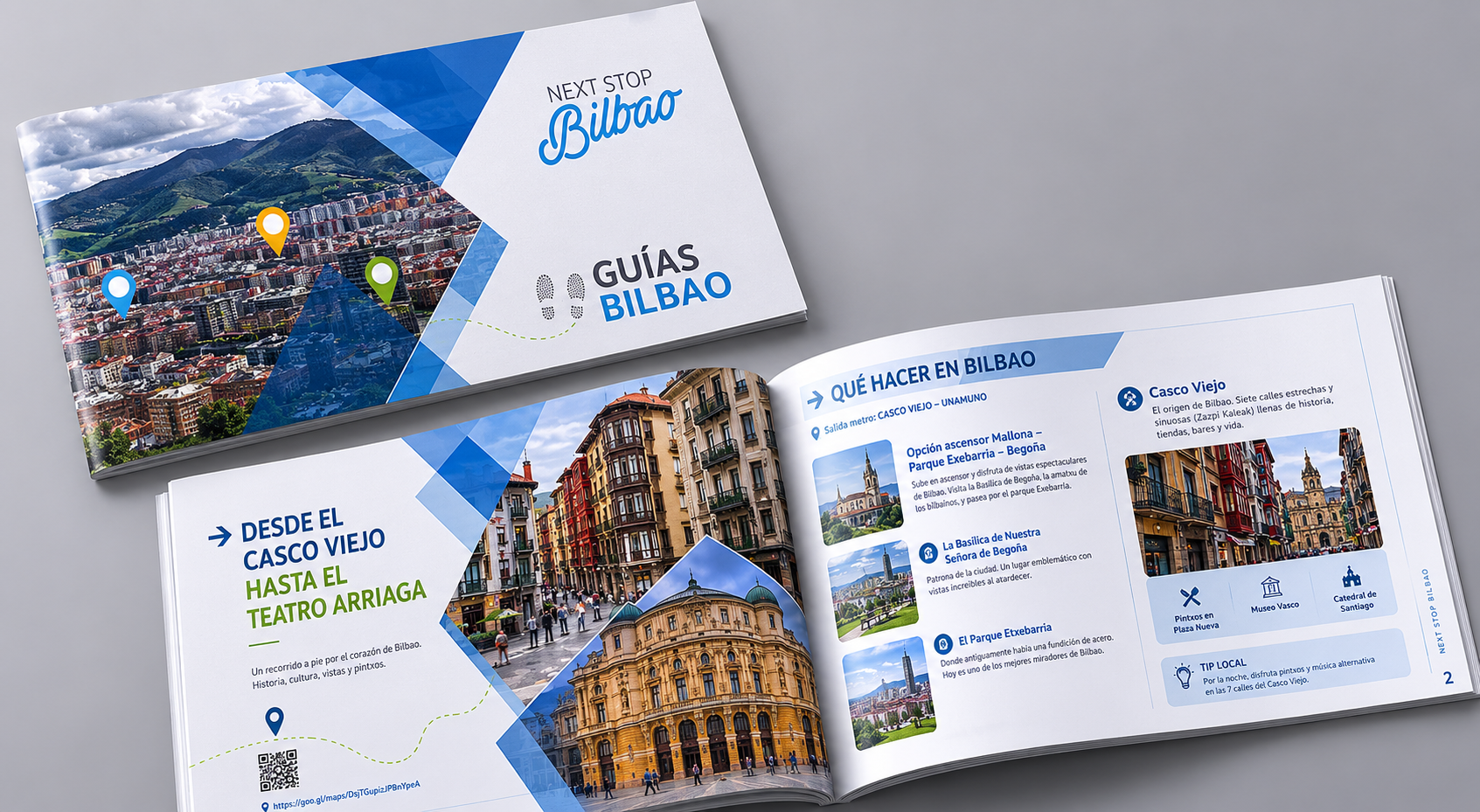 Guía abierta de Next Stop Bilbao, «Guías Bilbao», con fotografías del casco viejo y una ruta en el mapa