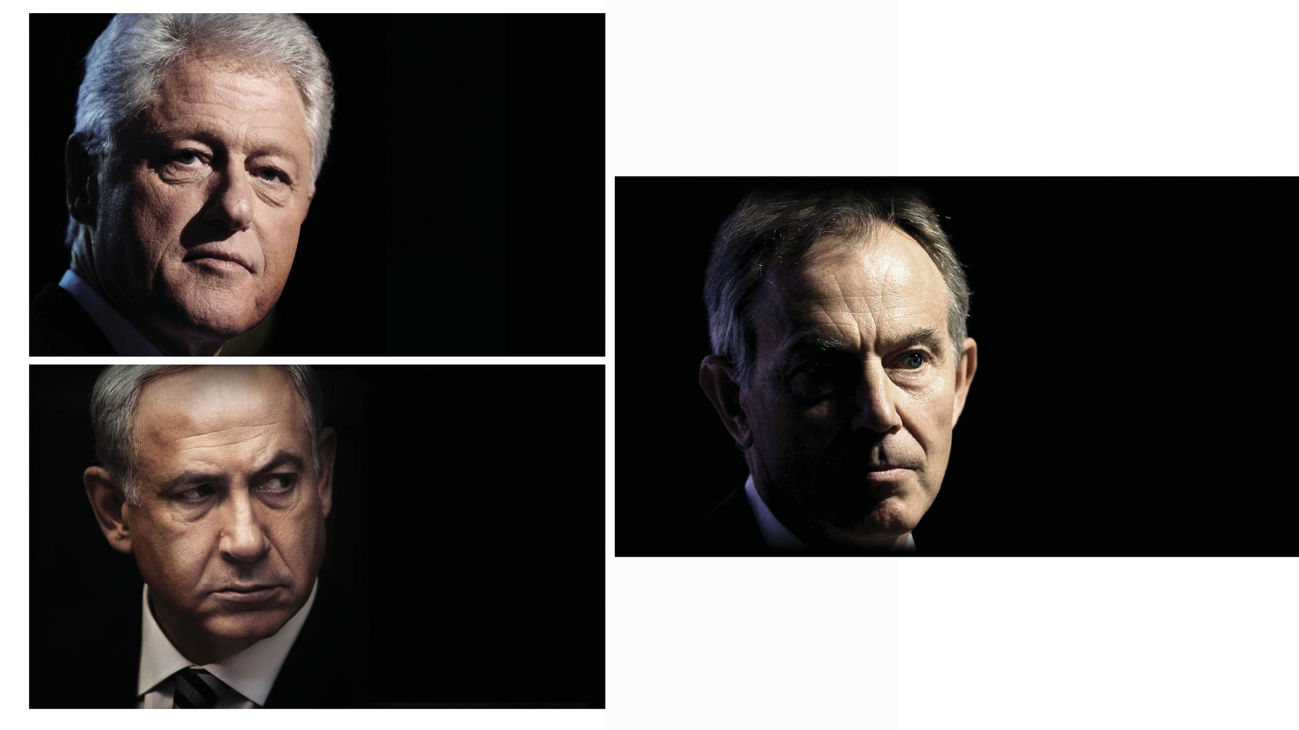 Tres retratos de hombres de traje sobre fondo negro con un tratamiento fotográfico dramático