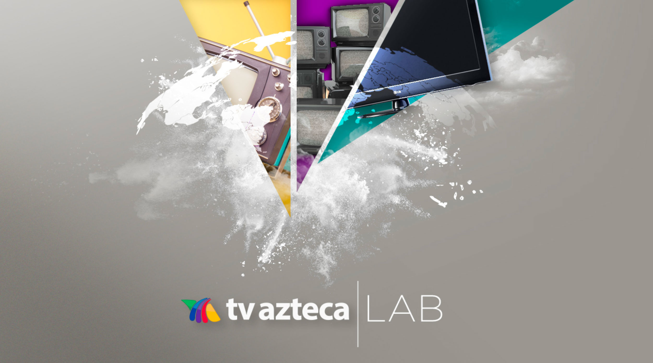 Gráfica del TV Azteca Lab con fragmentos de pantallas y trazos de color sobre fondo gris