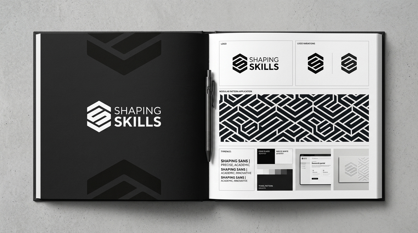 Brand book de Shaping Skills abierto sobre una superficie de concreto, con variantes del logotipo, un patrón de hexágonos y tipografía