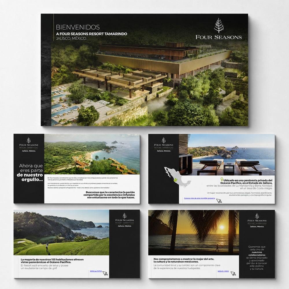 Diseños del programa de bienvenida: la pantalla principal sobre cuatro variantes de página con fotografías de playa, golf y atardecer