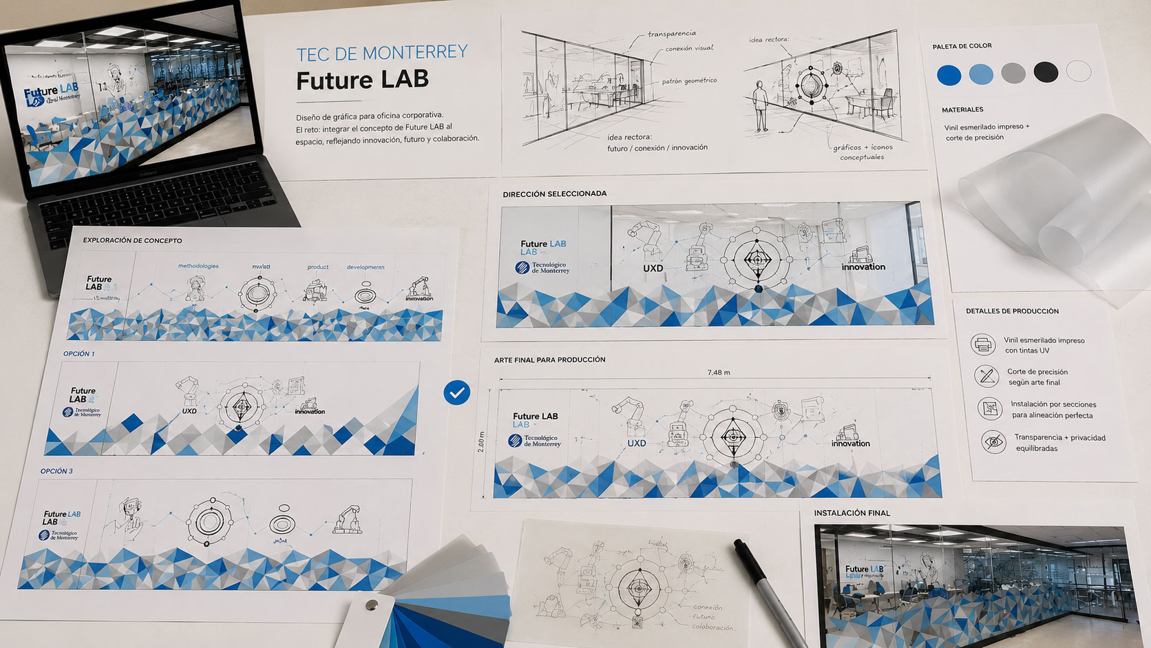 Láminas impresas con el concepto, bocetos y paleta de color del Future Lab junto a una laptop y muestras de vinilo