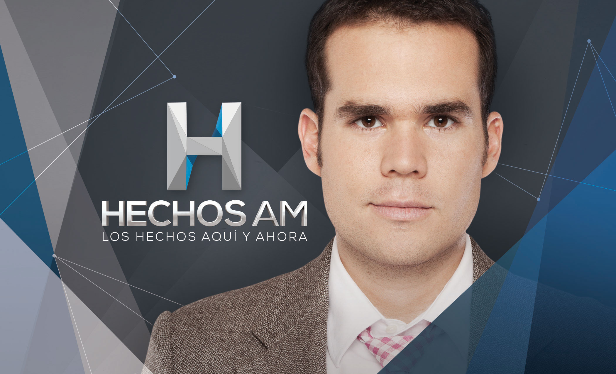 Gráfico de Hechos AM con el logotipo de la H y un conductor sobre fondo geométrico azul