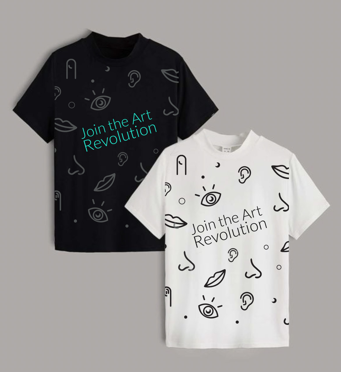 Playeras negra y blanca estampadas con íconos de contorno de ojos, orejas, narices y labios y el texto «Join the Art Revolution»