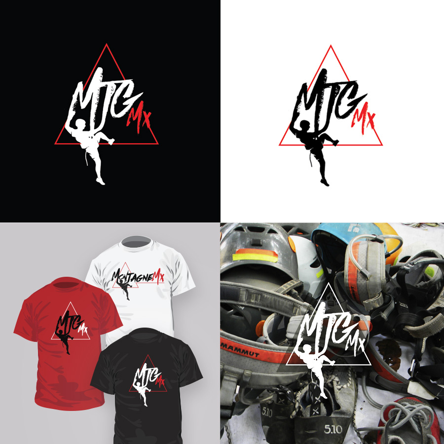 Logo de Montagne sobre fondos blanco y negro, y en camisetas roja, blanca y negra, junto a un montón de cascos de escalada