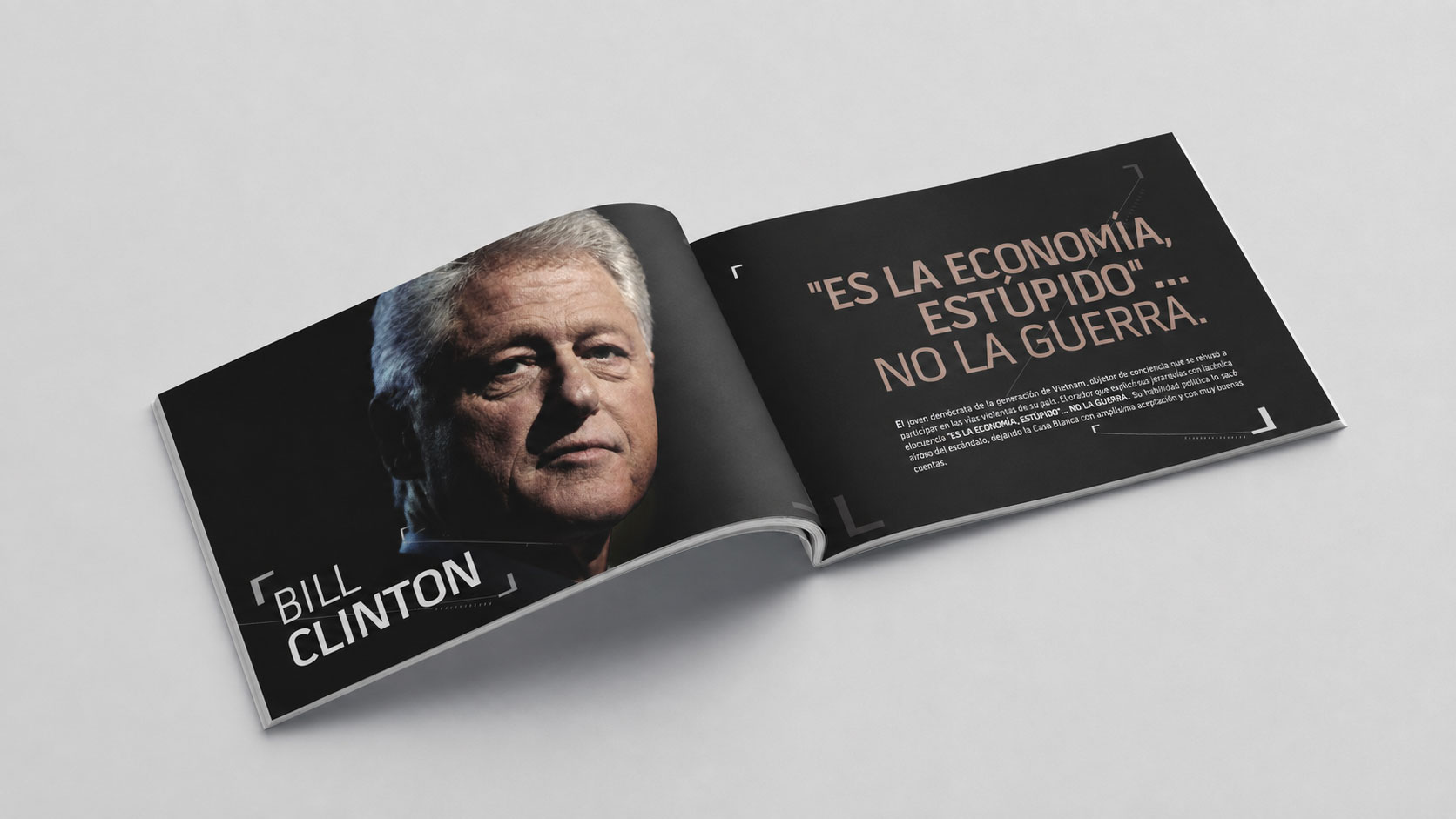 Brochure abierto con el retrato de Bill Clinton y la frase "Es la economía, estúpido... no la guerra"