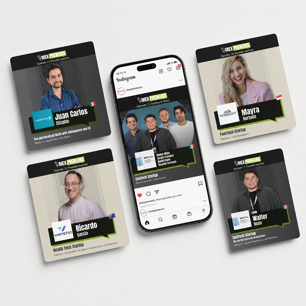 Tarjetas de Instagram «founder journey» del podcast de MEXpreneurs con retratos de fundadores y sus startups