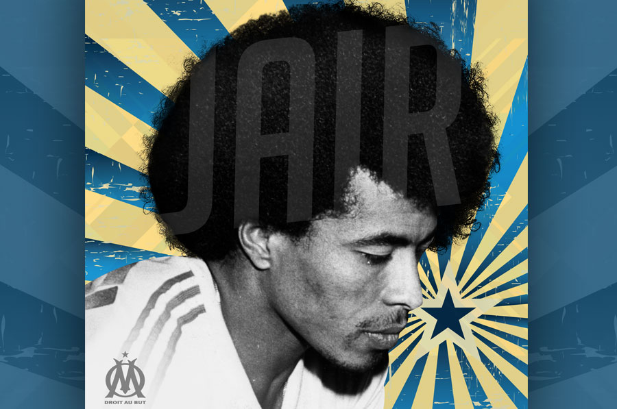 Arte dedicado al jugador Jair, en blanco y negro sobre un estallido de rayos azules y amarillos, con el logo del Olympique de Marseille