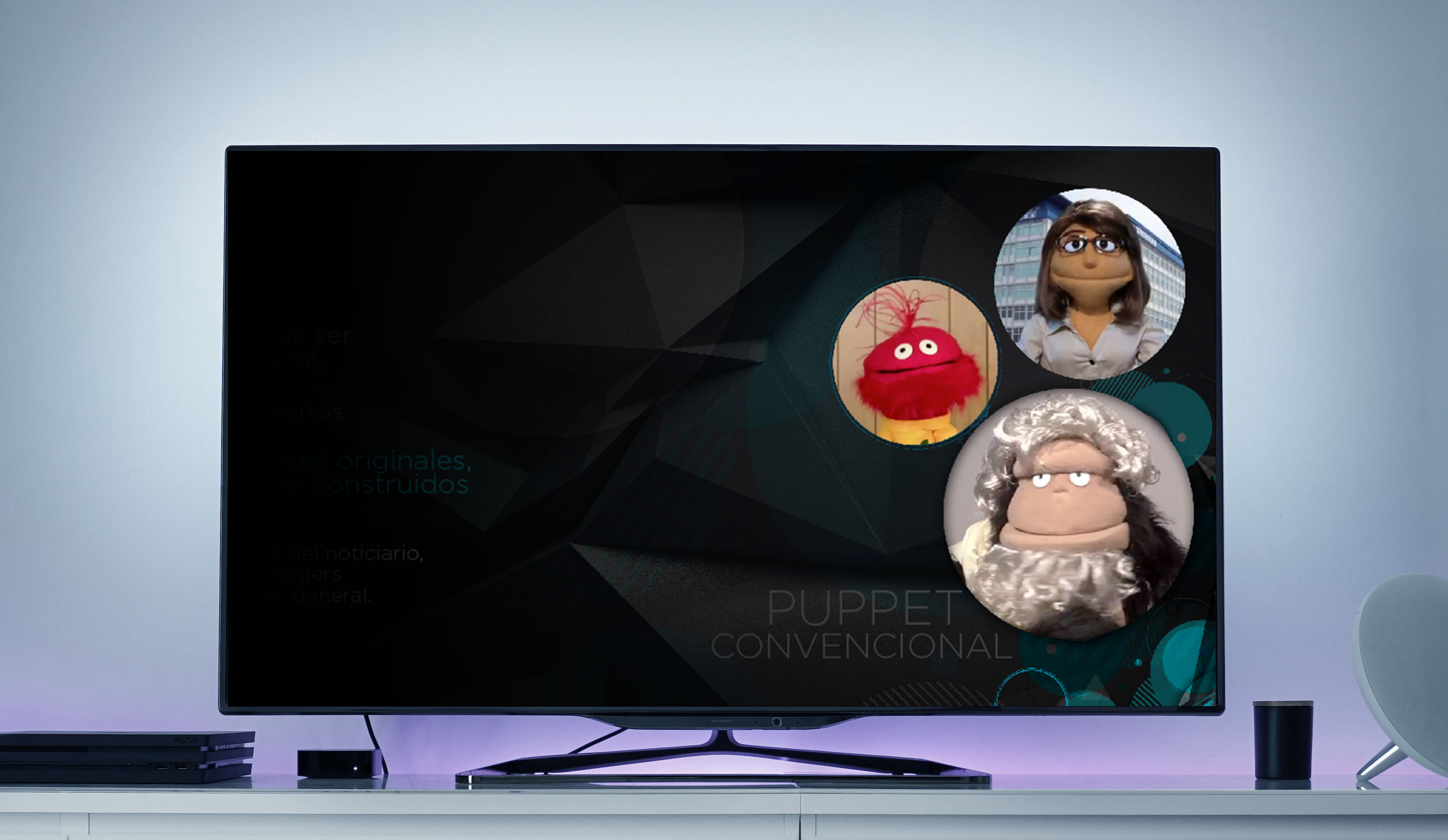 Televisión que muestra una lámina de presentación sobre puppets convencionales con tres personajes de referencia