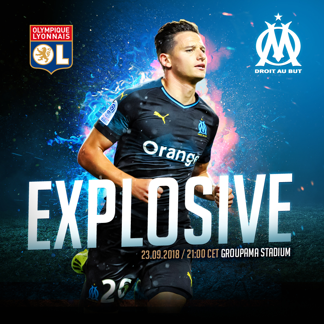 Arte de día de partido del Olympique de Marseille contra el Olympique Lyonnais, con un jugador corriendo y la palabra "Explosive"