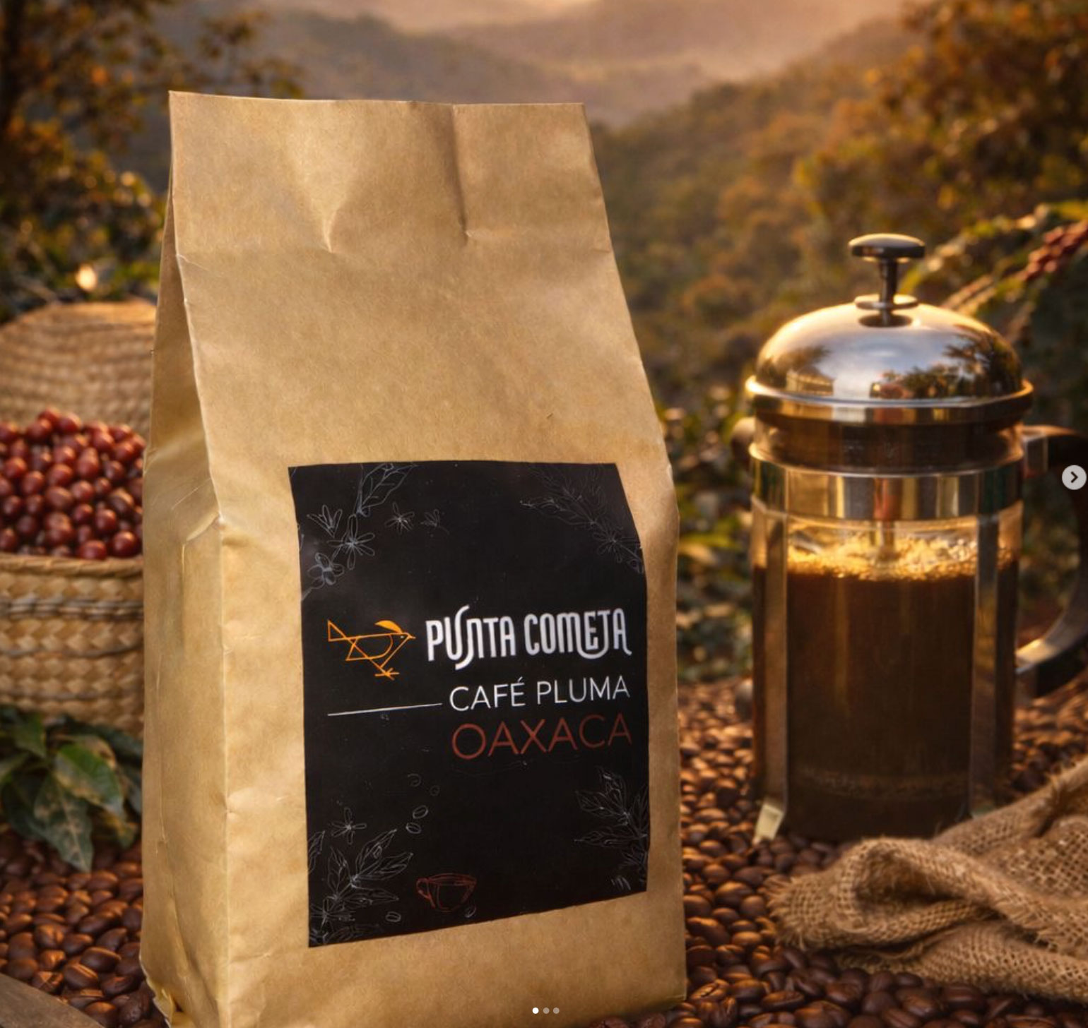 Bolsa de café de papel kraft con una etiqueta negra de Punta Cometa Café Pluma Oaxaca, junto a una prensa francesa y cerezas de café en canastas