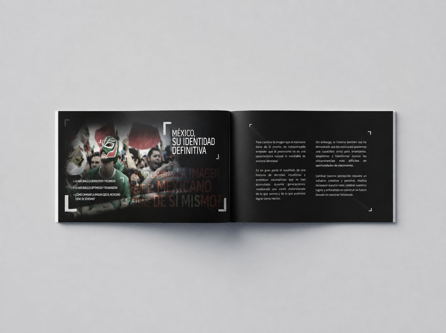 Brochure abierto con el capítulo "México, su identidad definitiva" sobre una imagen de aficionados