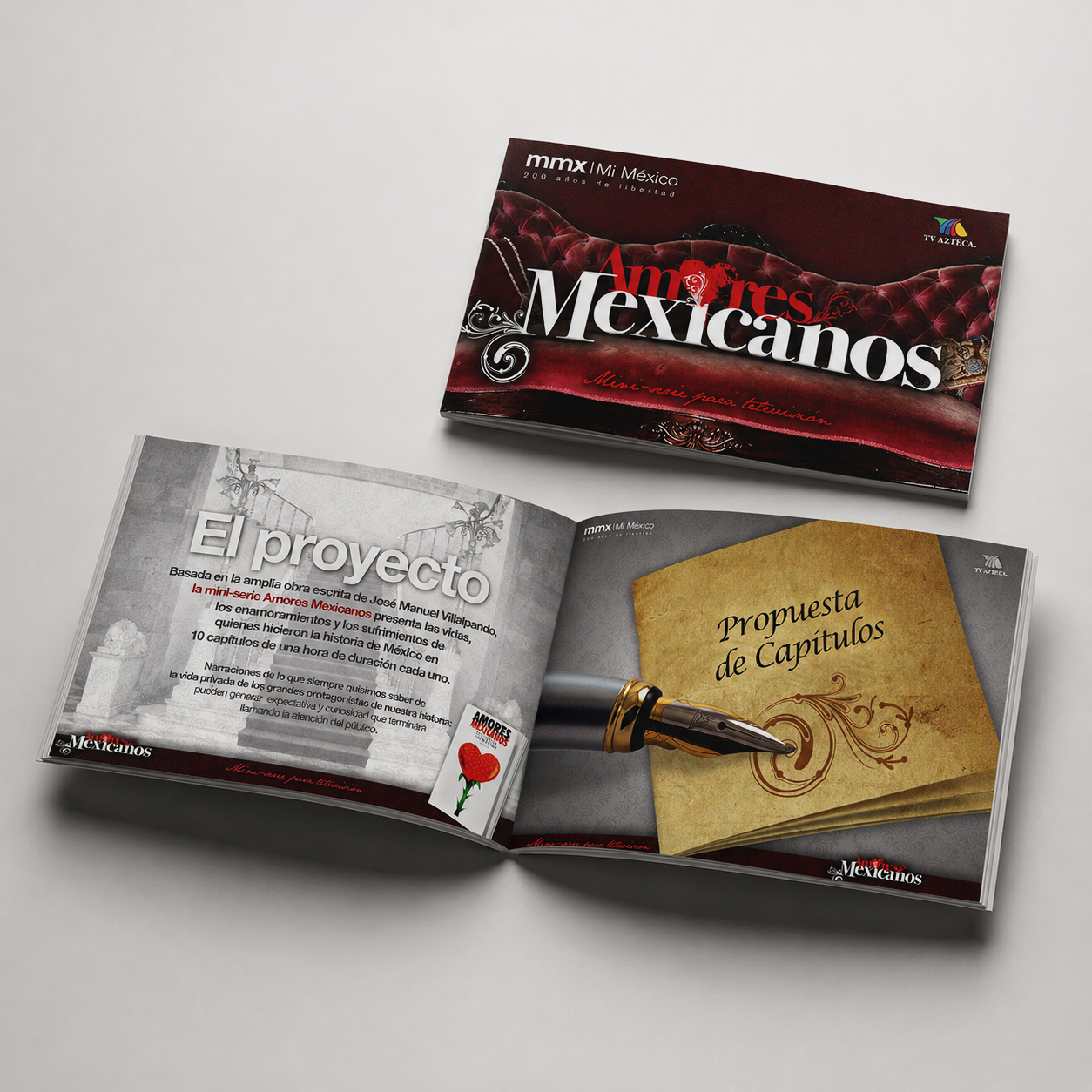 Folleto de propuesta de la serie Amores Mexicanos abierto, con la página de presentación del proyecto