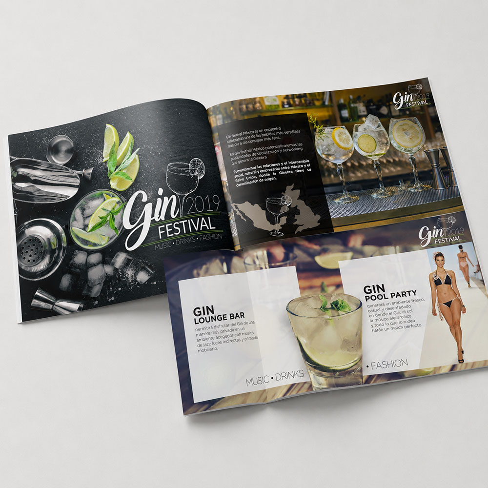 Brochure de pitch abierto de Gin Festival con las páginas del Gin Lounge Bar y la Gin Pool Party
