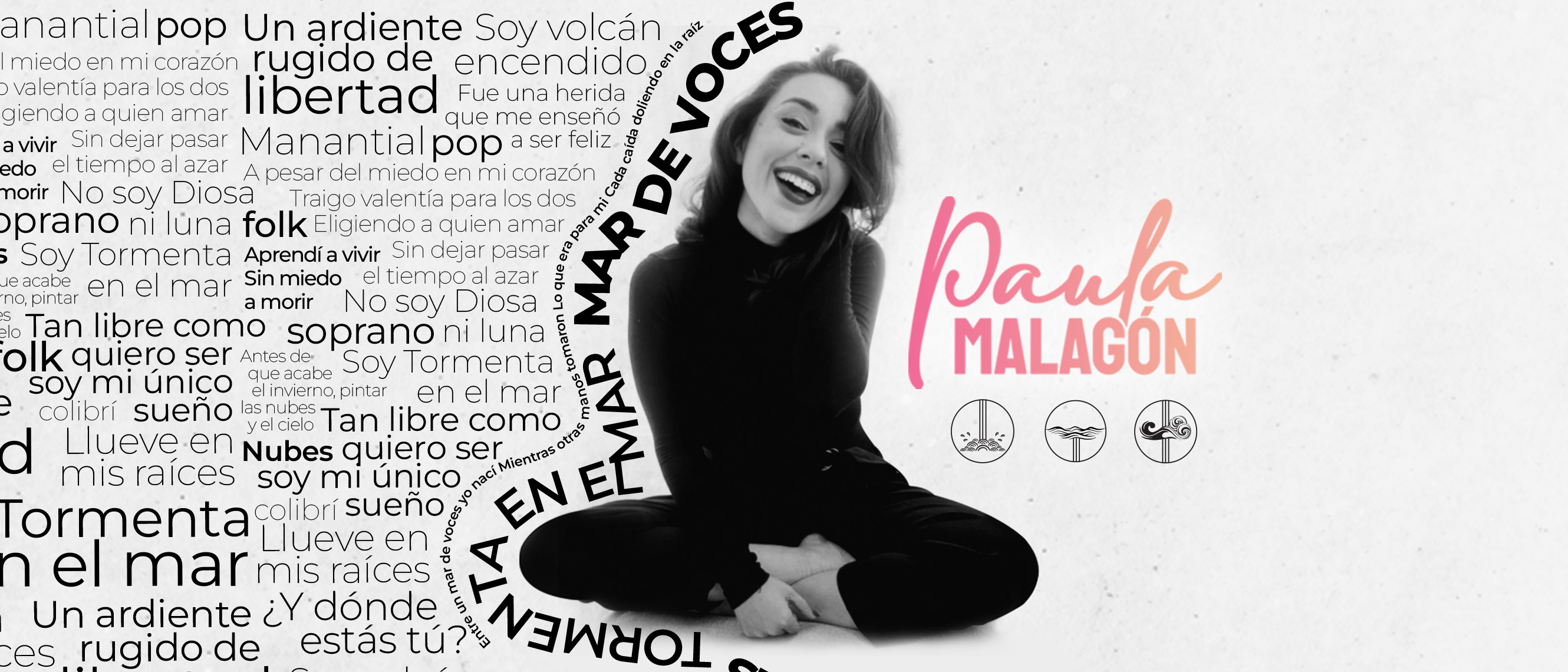 Banner con Paula Malagón sonriendo, sentada en el suelo, rodeada de letras de canciones en una nube de palabras y el título Mar de Voces