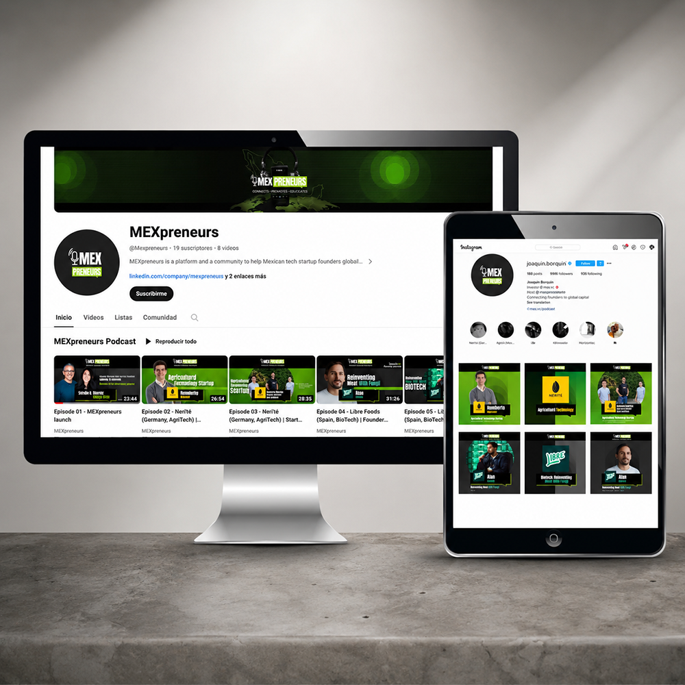 Canal de YouTube y perfil de Instagram de MEXpreneurs mostrados en un monitor de escritorio y una tableta
