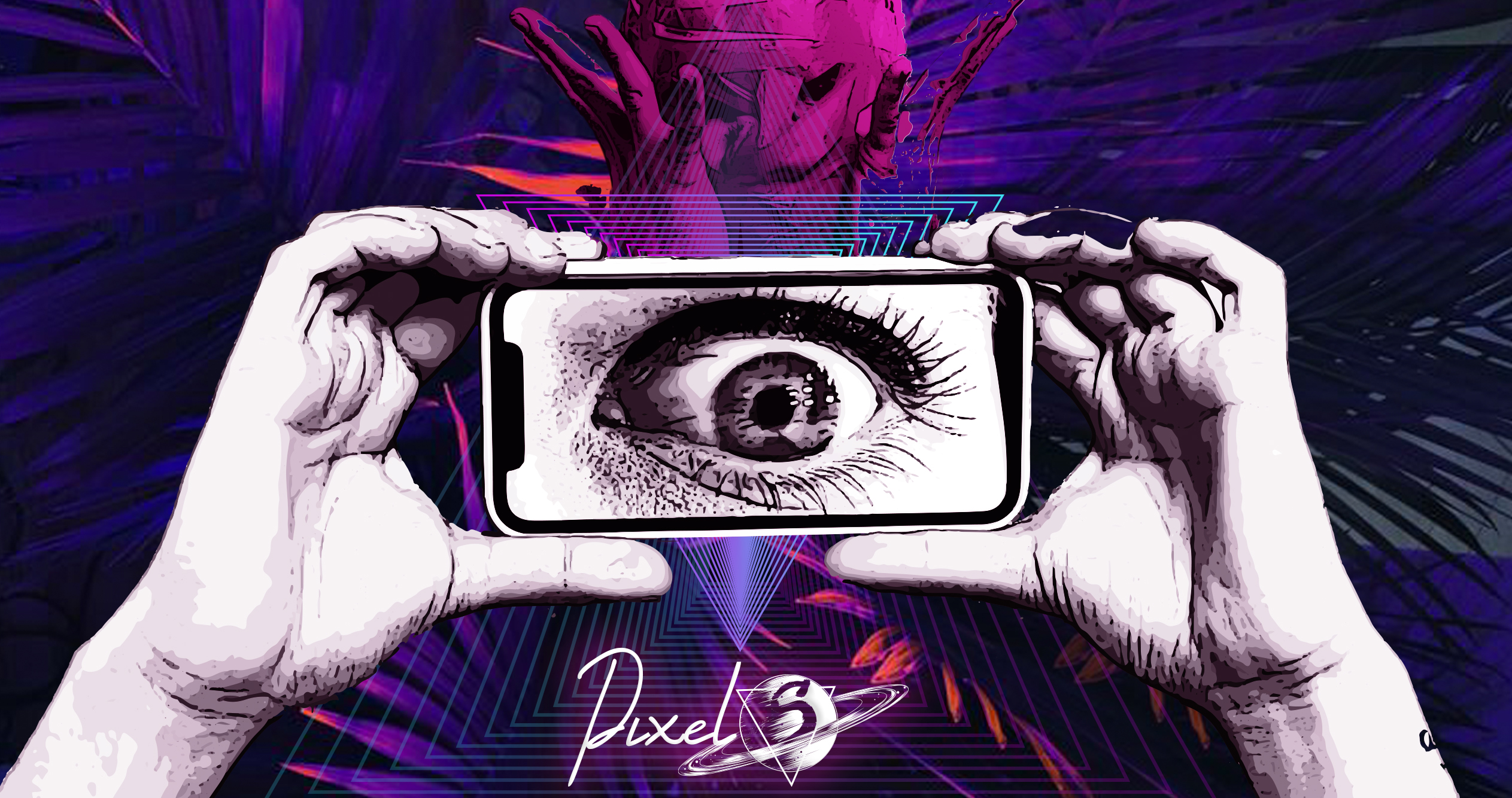 Banner de Pixel 3 con dos manos sosteniendo un teléfono con un ojo, sobre fondo morado y azul