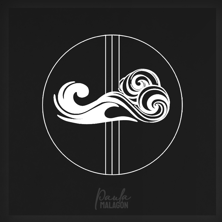 Icono lineal blanco de olas del mar y nubes, dentro de un círculo, de la identidad de Paula Malagón