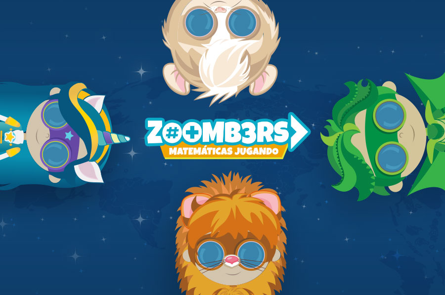 Logotipo de Zoombers sobre un mapamundi azul, rodeado de personajes de Zoombers: un unicornio, un león y un dragón verde
