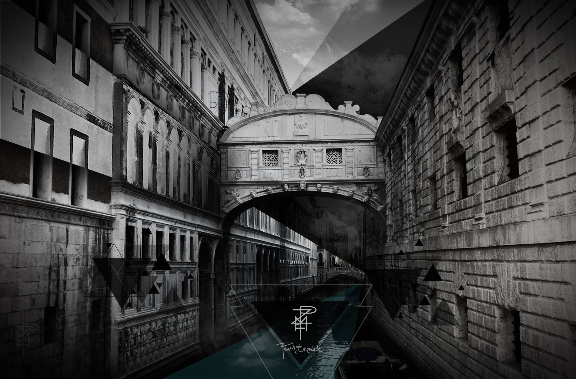 Vista en blanco y negro del Puente de los Suspiros de Venecia con triángulos translúcidos y una pequeña marca