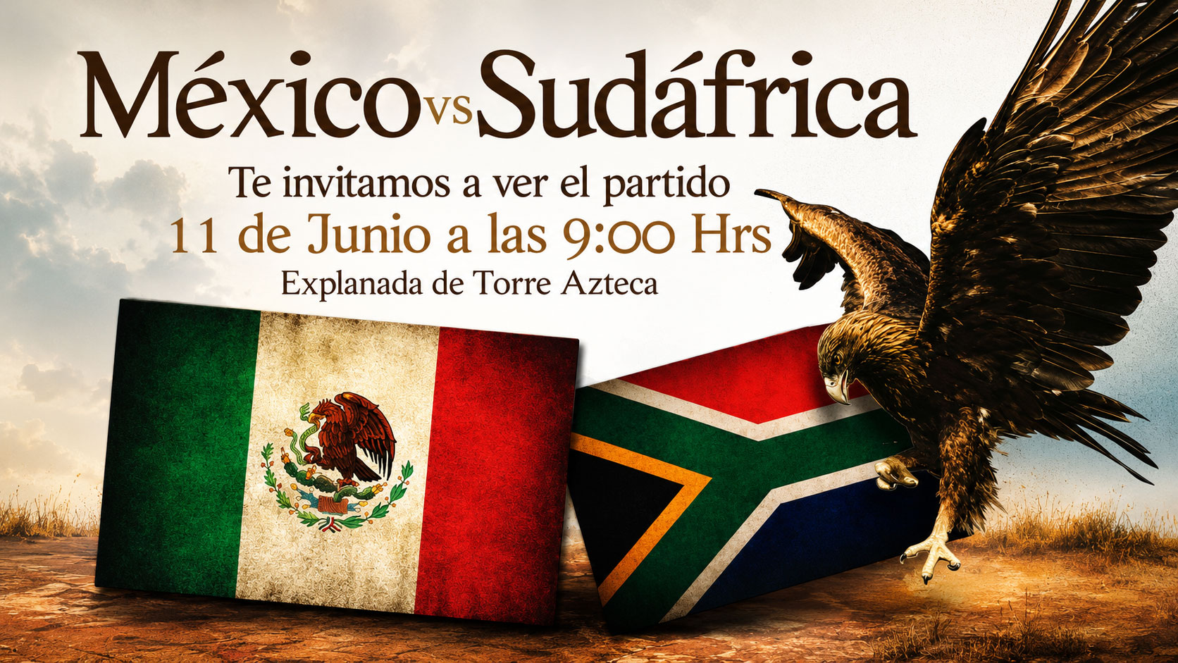 Gráfico de invitación al partido México vs Sudáfrica, con las banderas de México y Sudáfrica y un águila