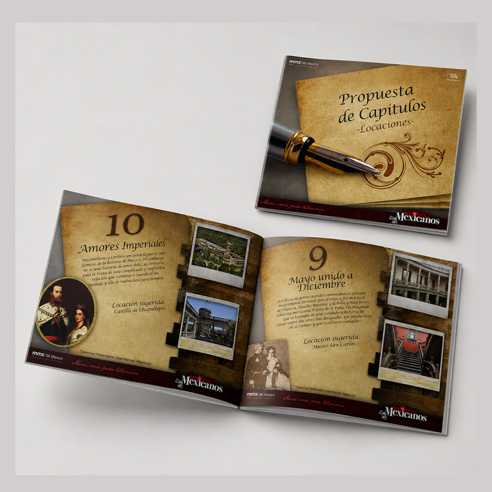 Folleto de propuesta abierto con los capítulos y las locaciones sugeridas de la serie