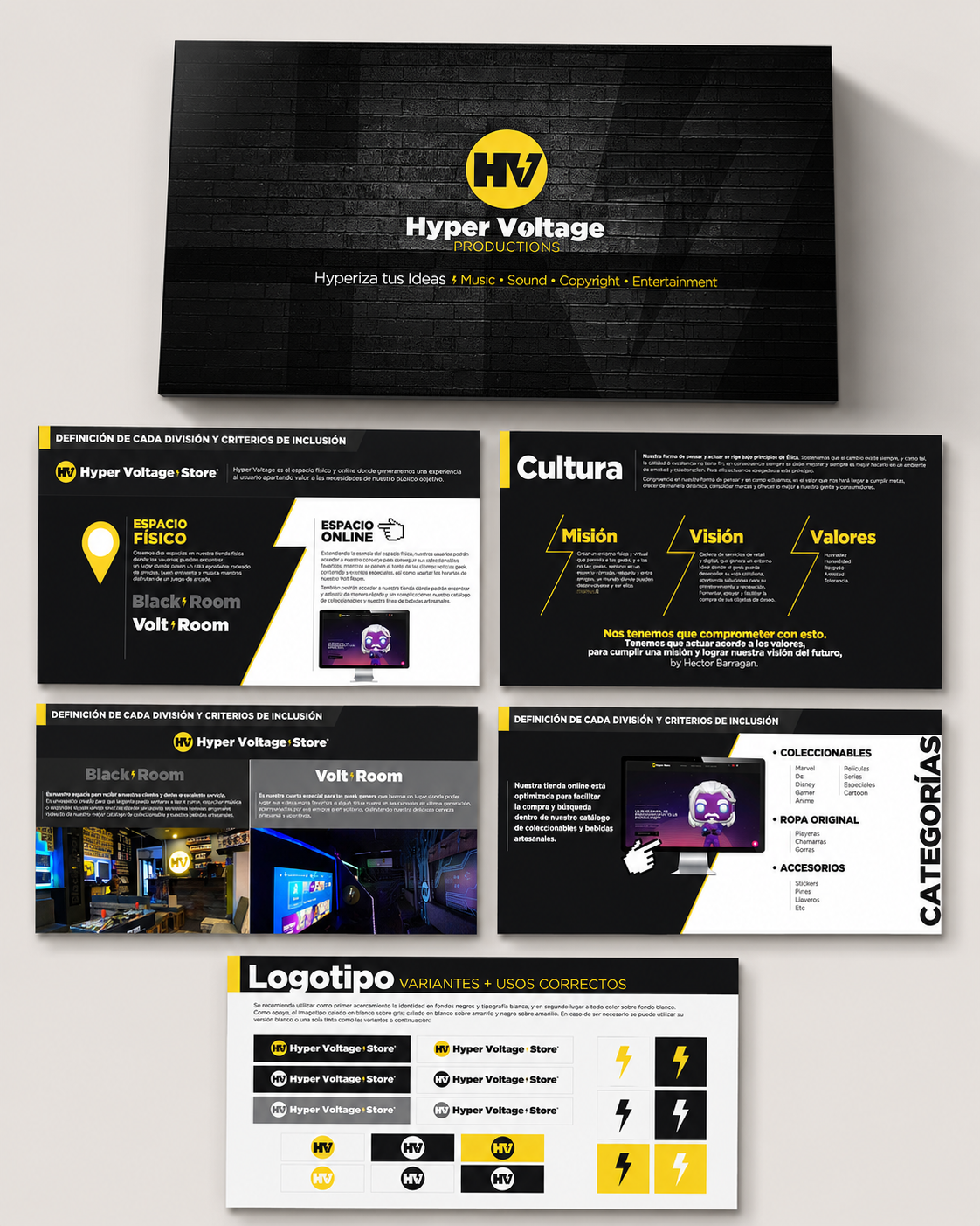 Presentación de marca de Hyper Voltage con el logo, las páginas de cultura, misión, visión y valores, y las variantes del logotipo