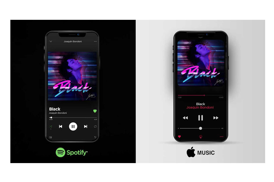 Dos teléfonos móviles con la canción "Black" en Spotify y Apple Music