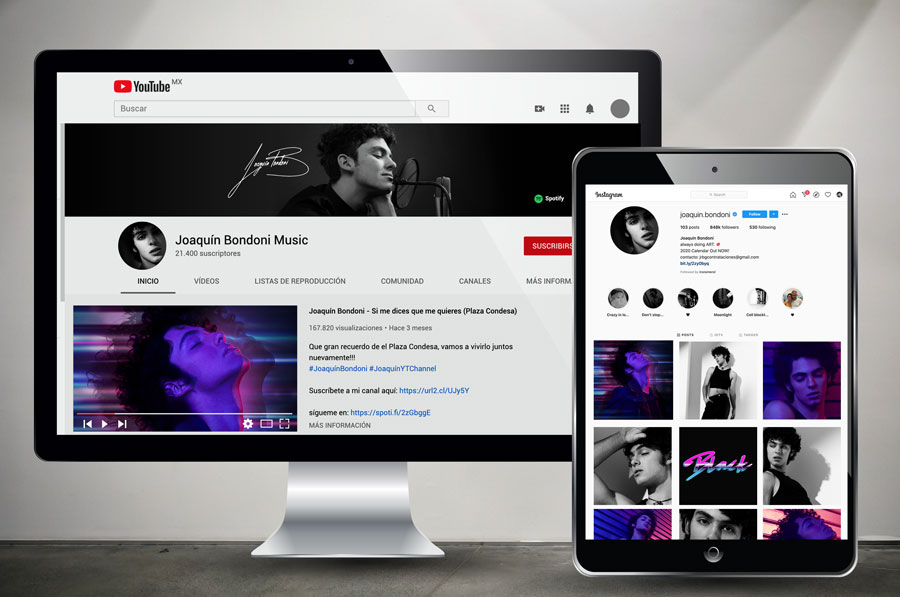 Monitor de computadora y tableta con el canal de YouTube y el perfil de Instagram de Joaquín Bondoni