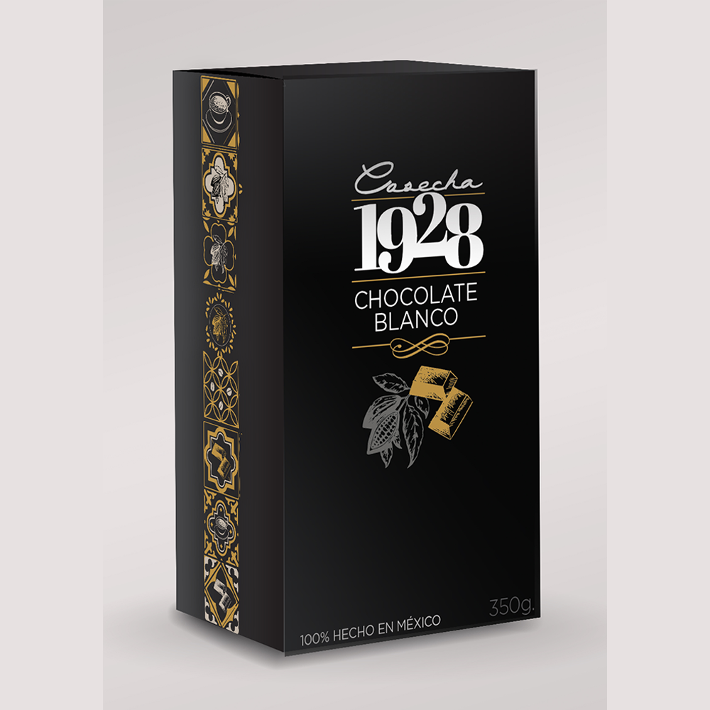 Caja negra "Chocolate Blanco" de Cosecha 1928 con un patrón dorado y negro