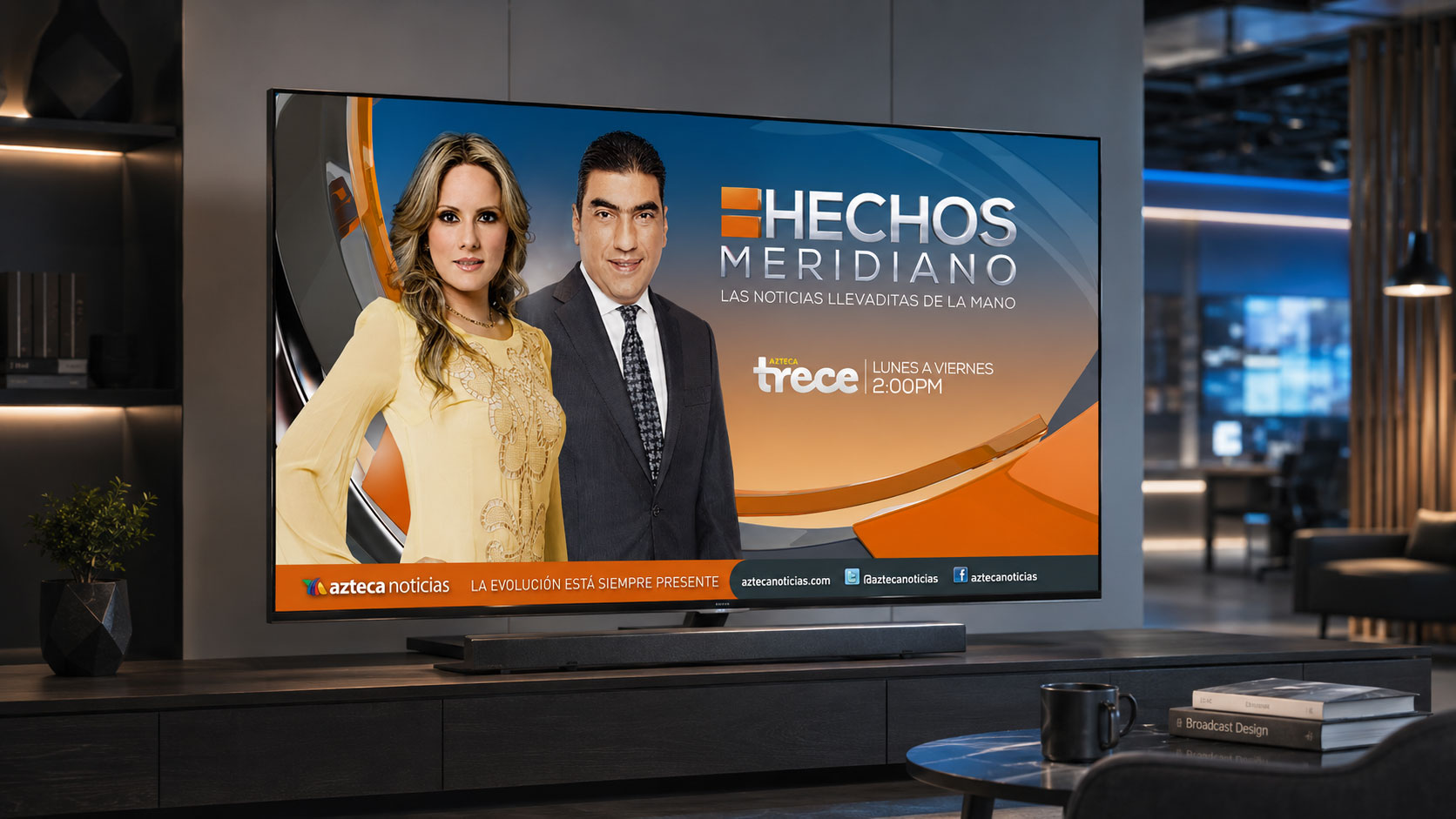 Pantalla de televisión con el gráfico de Hechos Meridiano y dos conductores sobre fondo naranja y azul