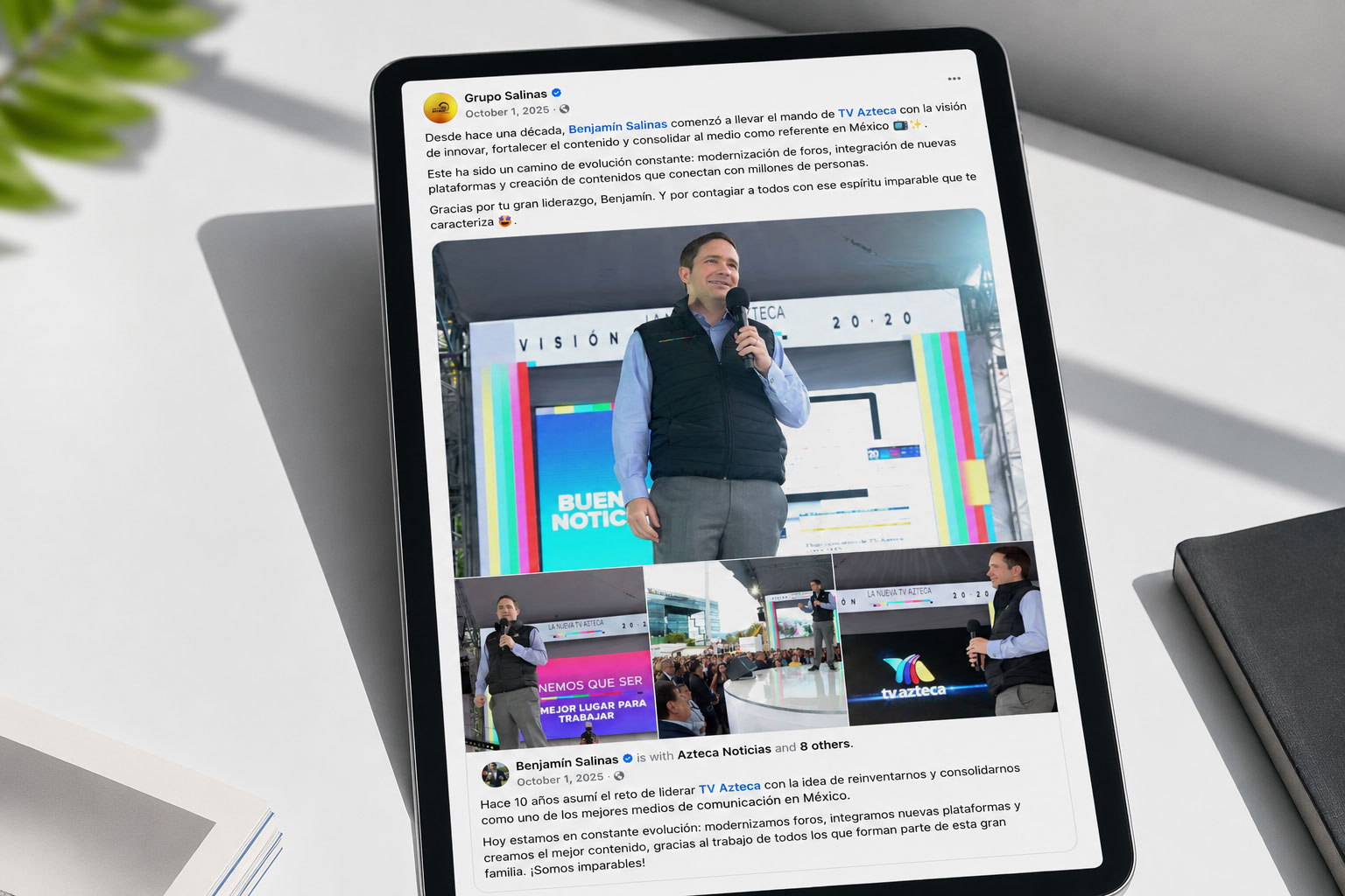 Tableta que muestra una publicación en redes sociales sobre el evento de Visión 20·20
