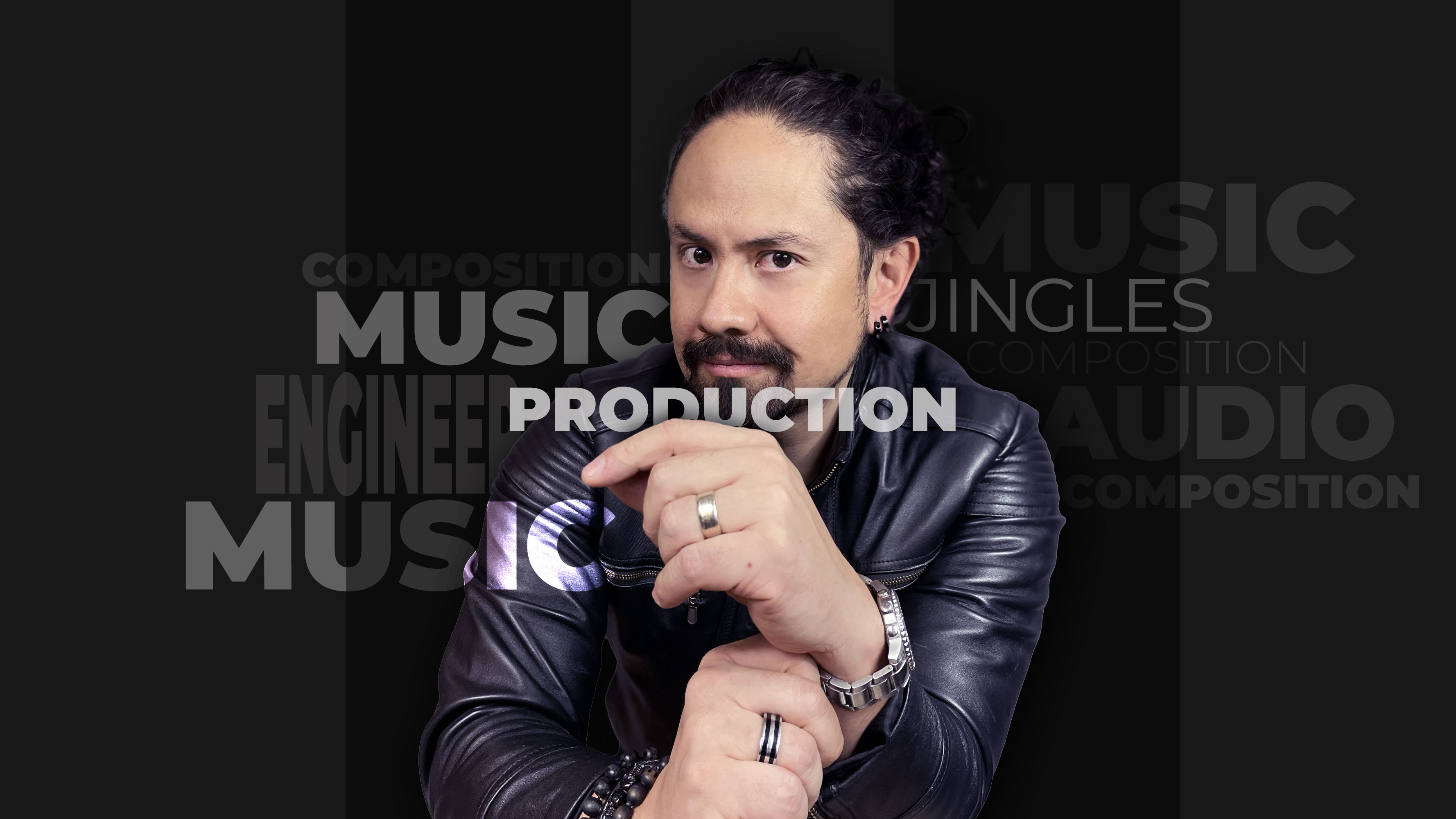 Banner con un productor musical posando entre las palabras music, production, composition, jingles y audio