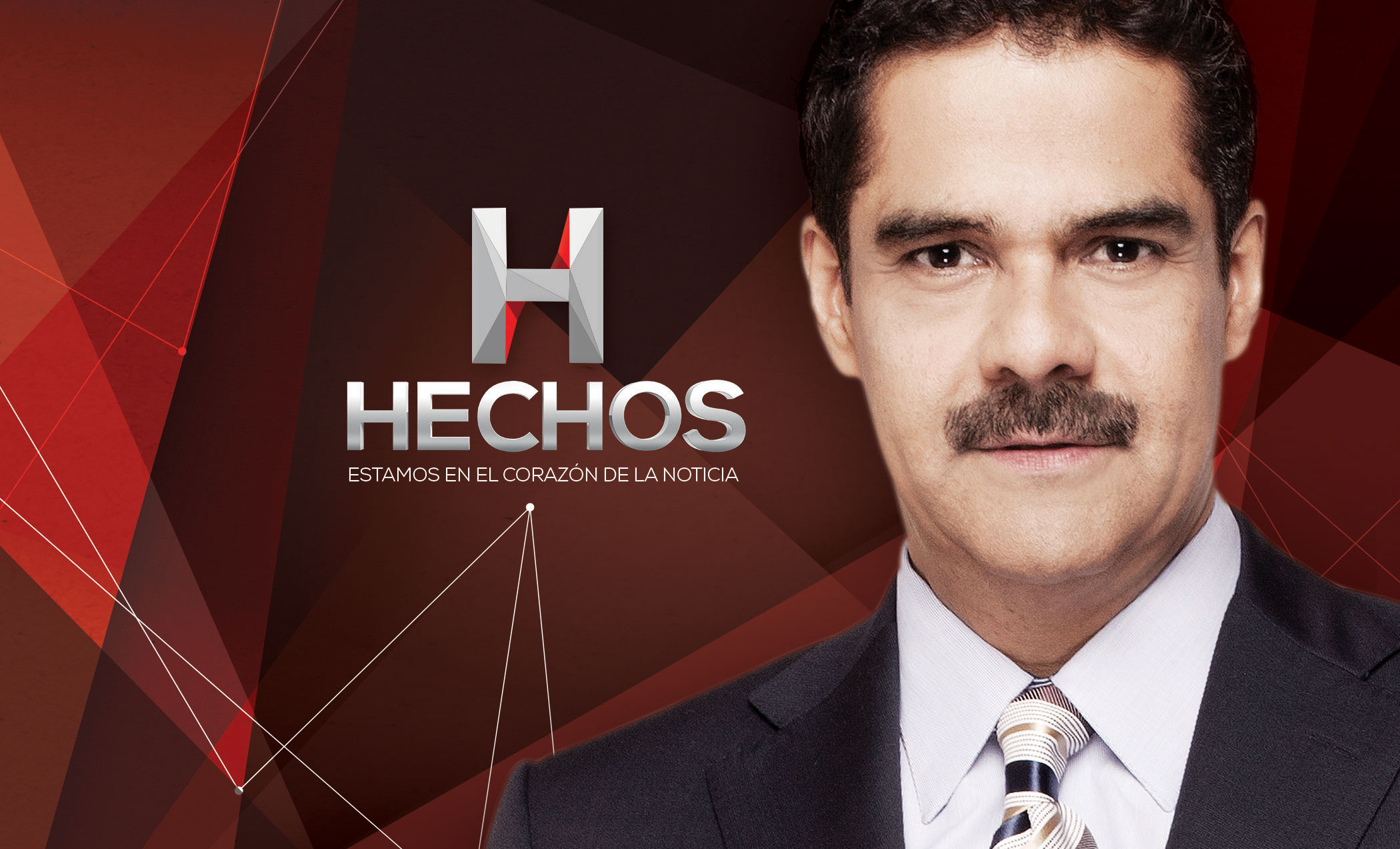 Gráfico de Hechos con el logotipo de la H y un conductor de noticias sobre fondo geométrico rojo