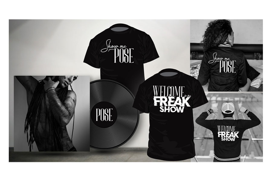Merchandising con el arte de "Pose": un disco de vinilo, camisetas y chamarras con los mensajes "Show me Pose" y "Welcome Freak Show"