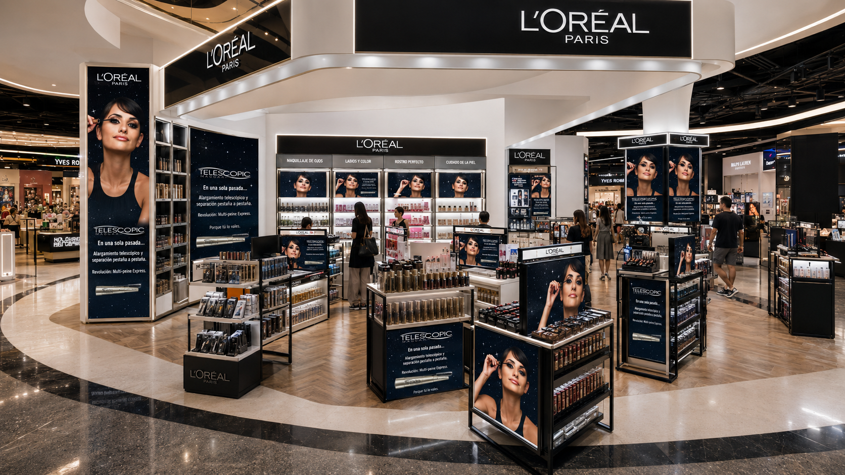 Gran isla de L’Oréal Paris en un centro comercial con columnas de producto y retratos de la campaña