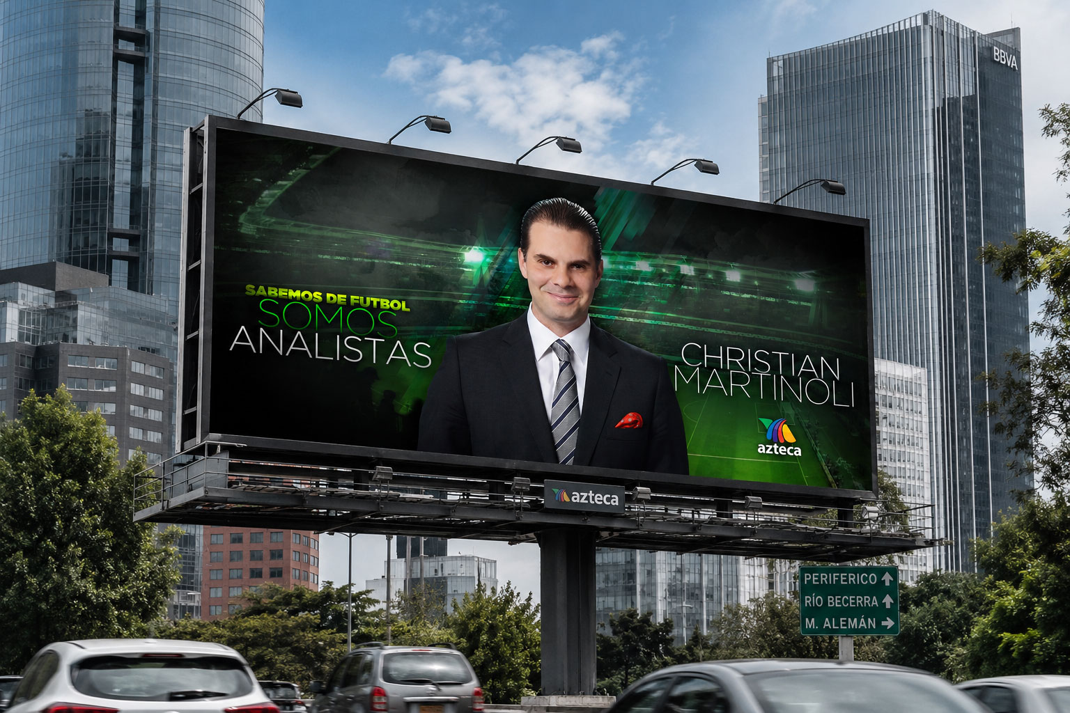 Espectacular de la campaña Somos Analistas con un conductor de traje
