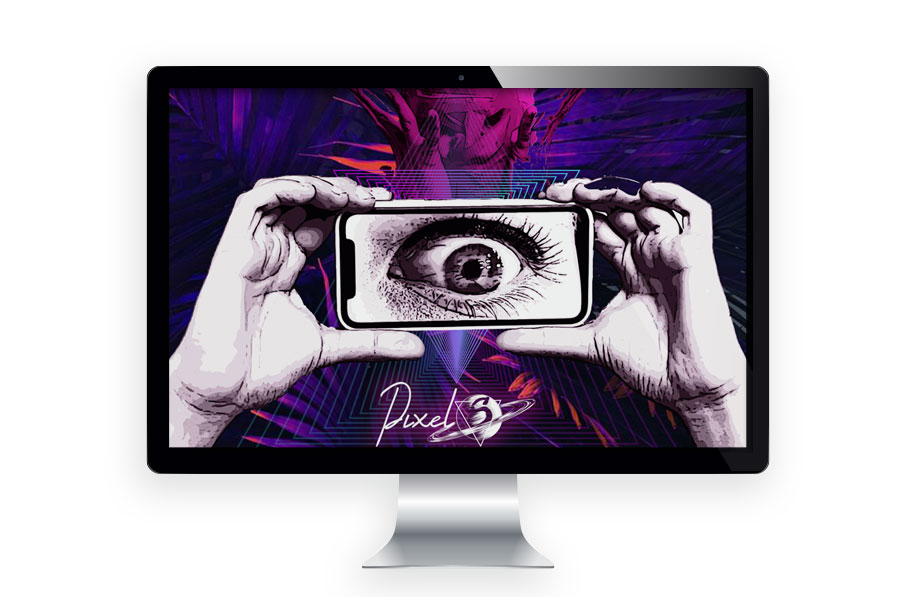 Monitor de escritorio con el arte de Pixel 3: dos manos sosteniendo un teléfono con un ojo sobre fondo morado