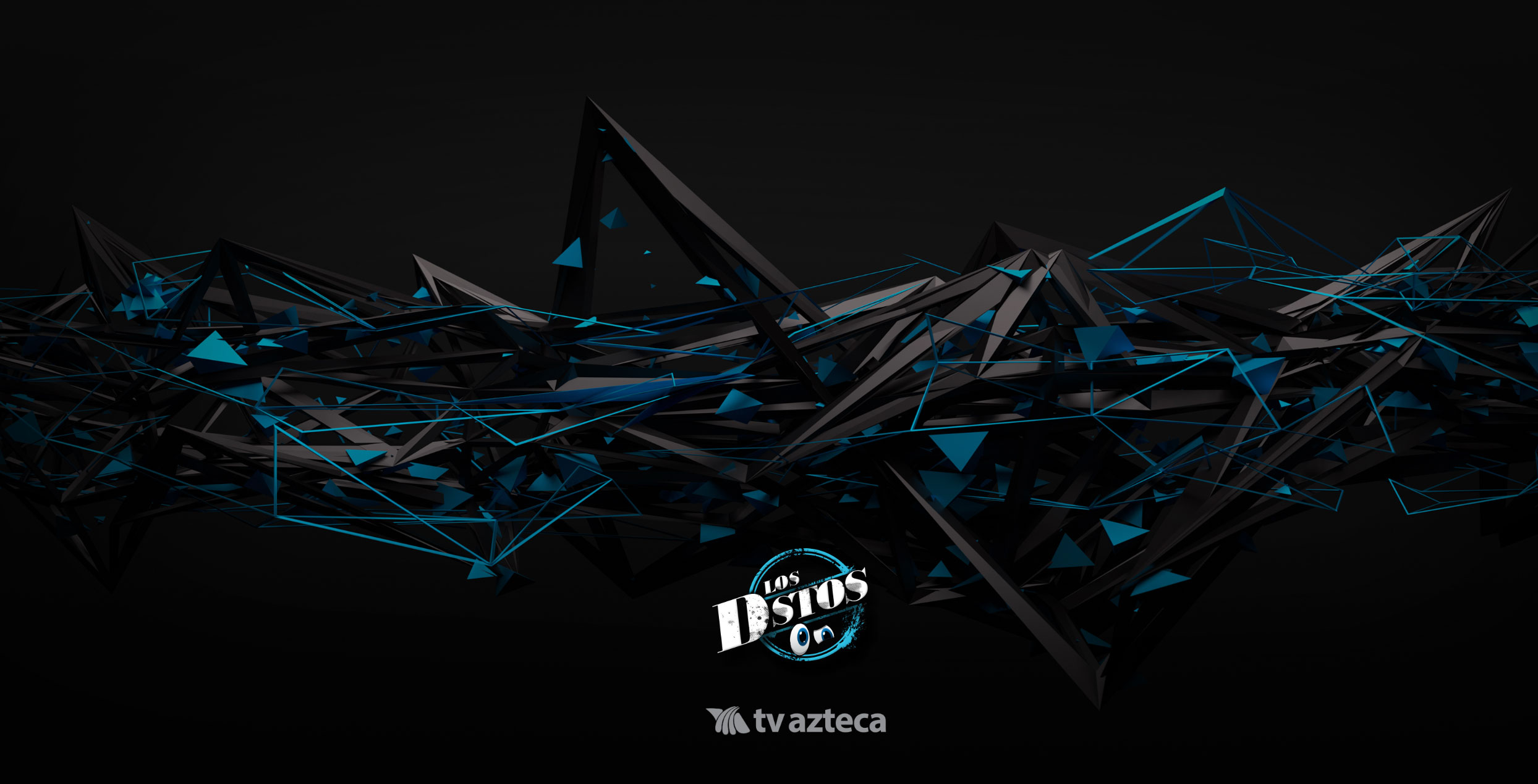 Logotipo de Los Dstos On con la marca tv azteca sobre un fondo oscuro de formas geométricas negras y azules