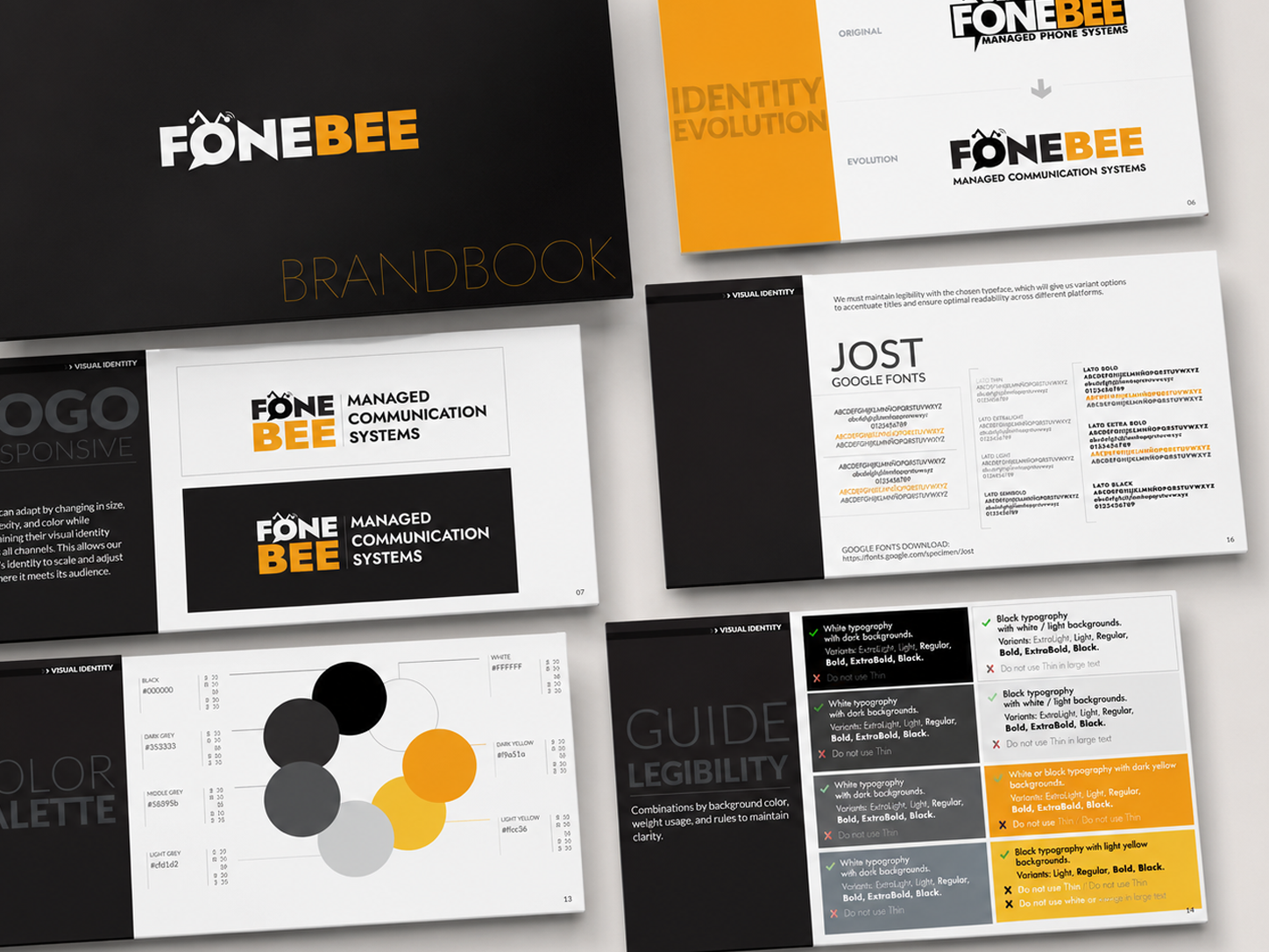 Páginas del brand book de Fonebee: evolución de la identidad, paleta de color y tipografía