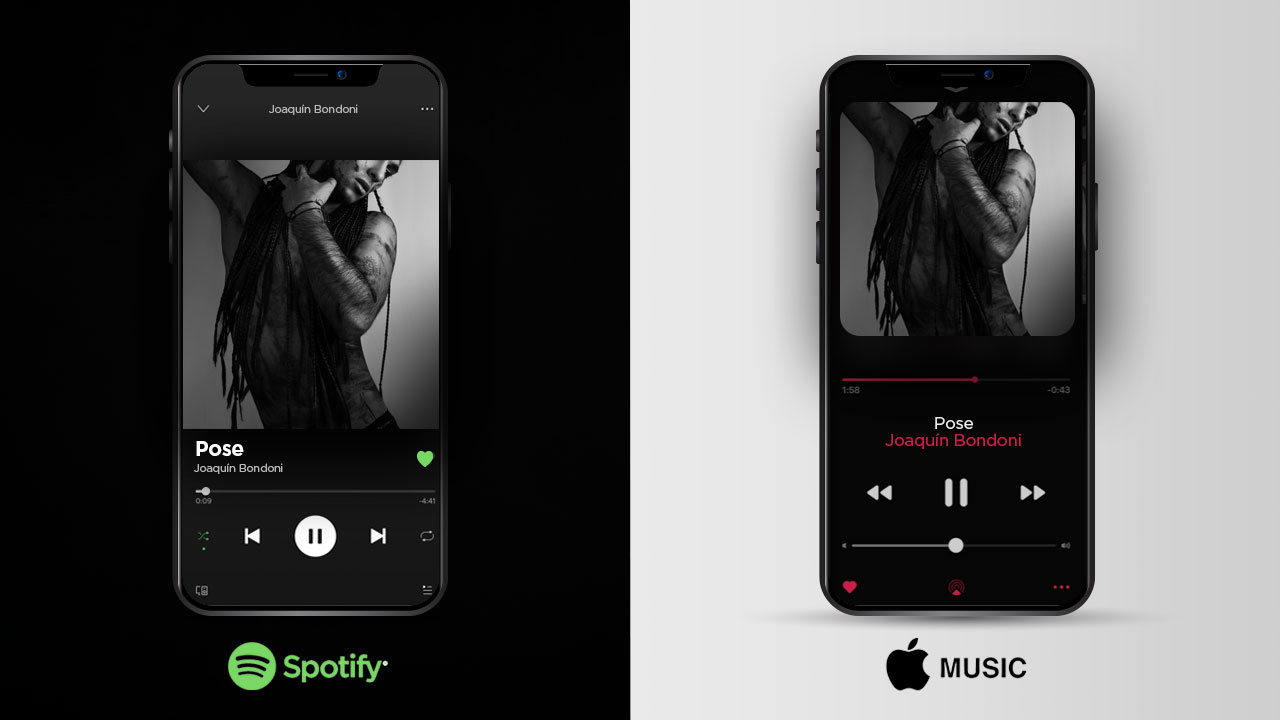 Dos teléfonos móviles con la canción "Pose" en Spotify y Apple Music