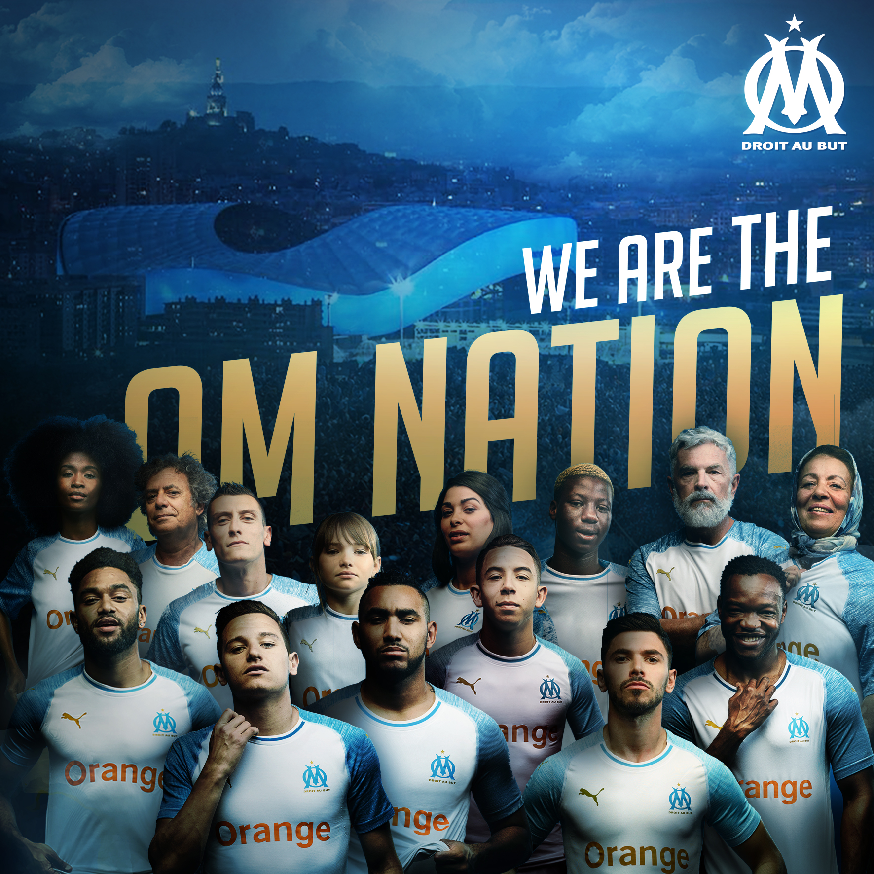 Plantilla del Olympique de Marseille posando frente al estadio y la ciudad, con el mensaje "We are the OM Nation"